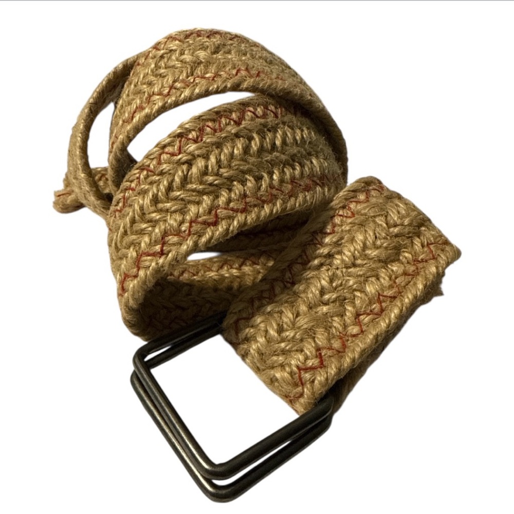 Natural Jute Woven Belt OS Adjustable Boho Festival Red Stitch Double Buckle